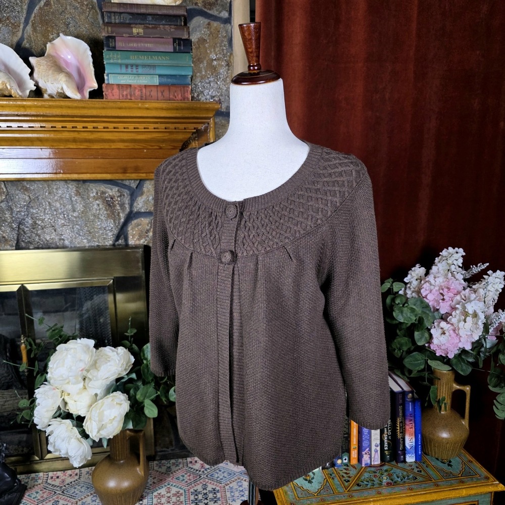 Croft & Barrow Cabincore Cable Knit Neutral Sweater Lagenlook‎ 100% Cotton Large - Picture 2 of 14